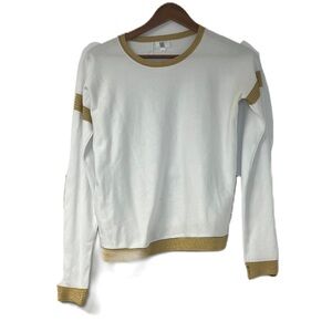 Yal Woman's white & gold trim long sleeve blouse neutral classic business casual